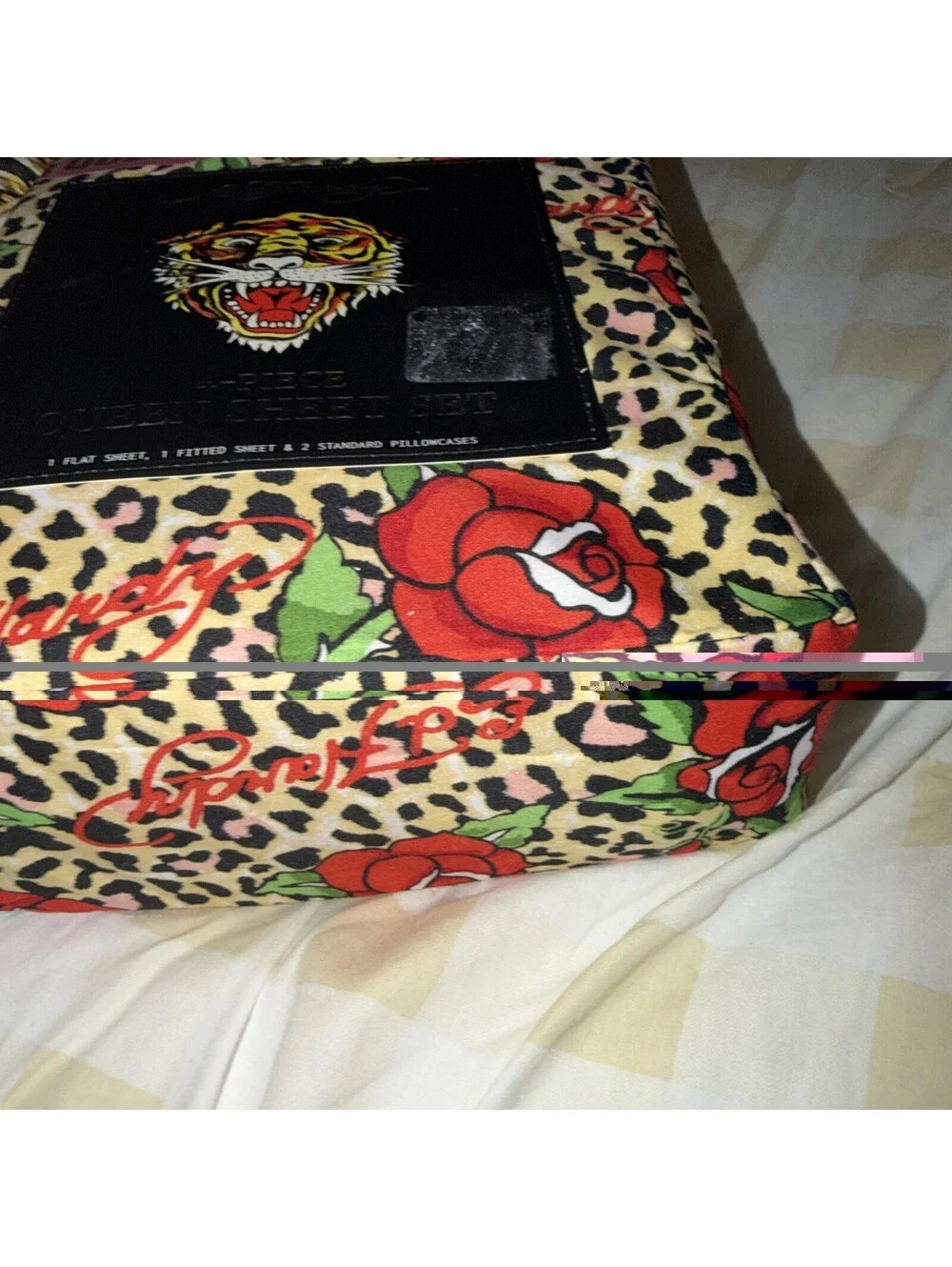 Ed Hardy Leopard Print with Red Roses & Logos 4pm QUEEN Sheet Set NWT